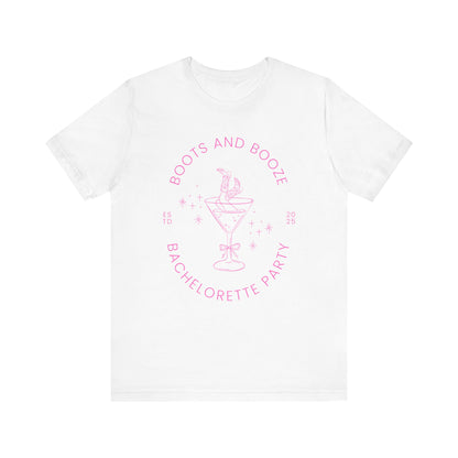Boots and Booze Pink Text Cowgirl in Martini Glass Bachelorette Party T-shirt