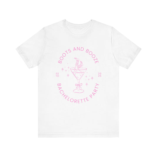 Boots and Booze Pink Text Cowgirl in Martini Glass Bachelorette Party T-shirt