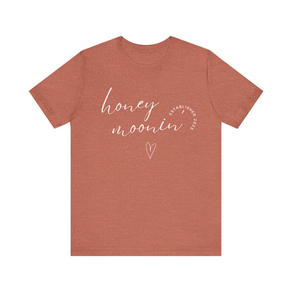 Honeymoonin' With Heart White Cursive Text T-shirt