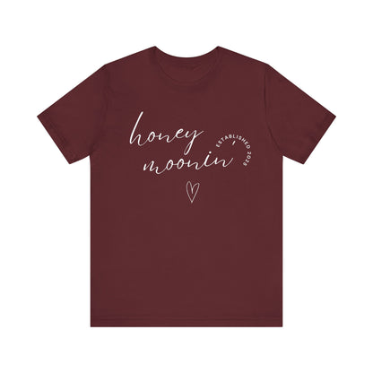 Honeymoonin' With Heart White Cursive Text T-shirt