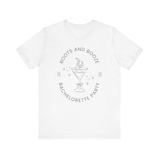 Boots and Booze Black Text Cowgirl in Martini Glass Bachelorette Party T-shirt