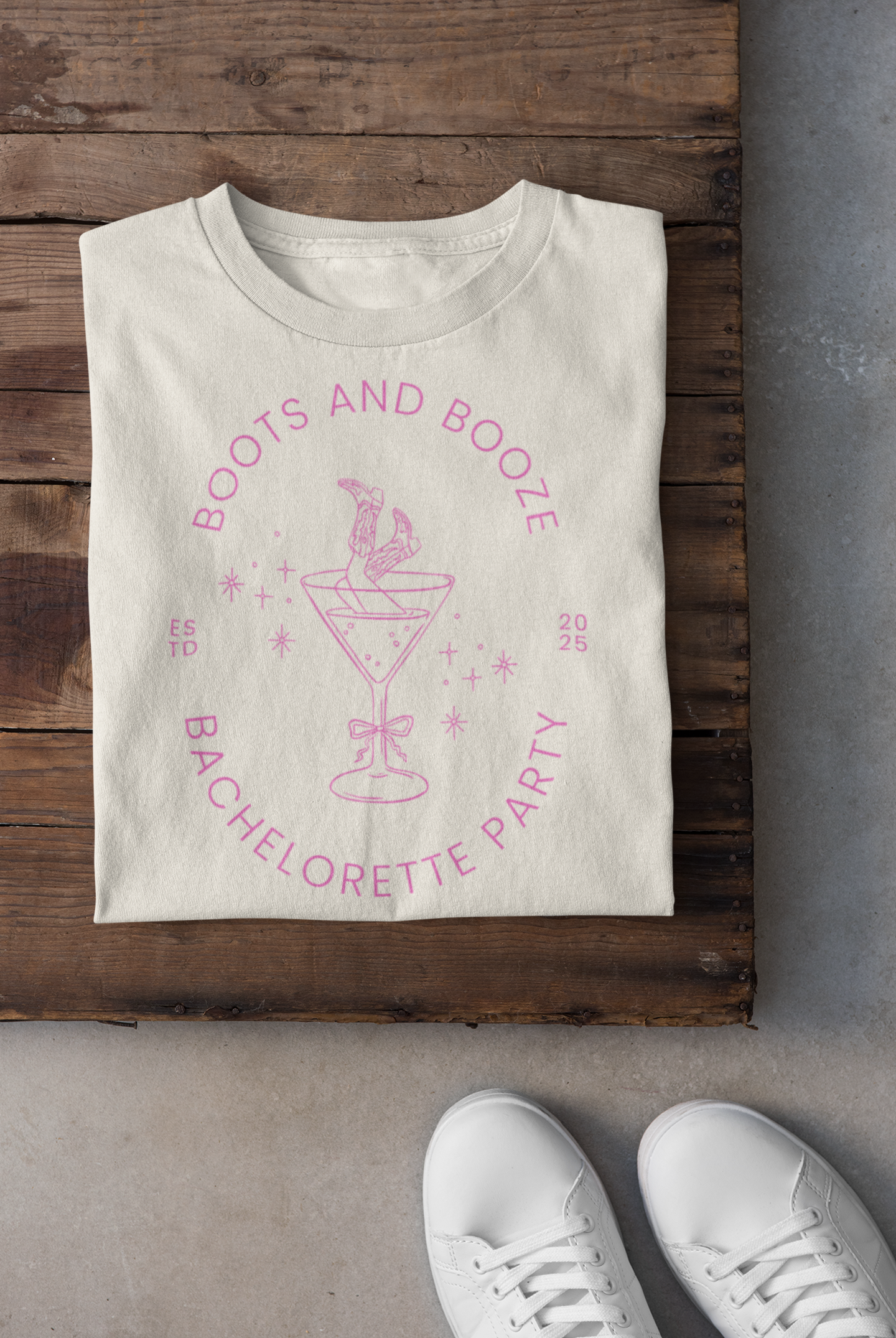 Boots and Booze Pink Text Cowgirl in Martini Glass Bachelorette Party T-shirt