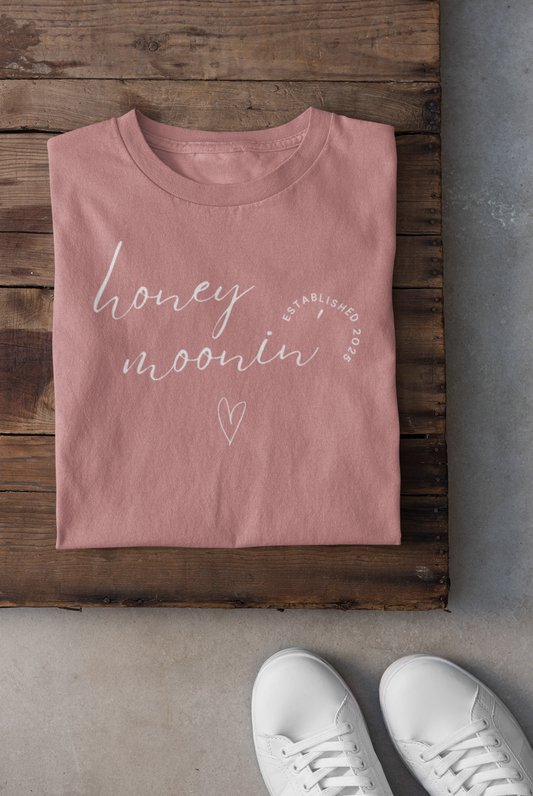 Honeymoonin' With Heart White Cursive Text T-shirt