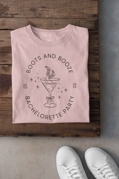 Boots and Booze Black Text Cowgirl in Martini Glass Bachelorette Party T-shirt