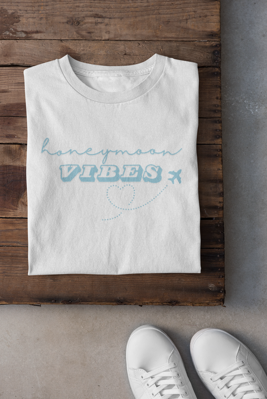 Honeymoon Vibes Blue Text T-shirt