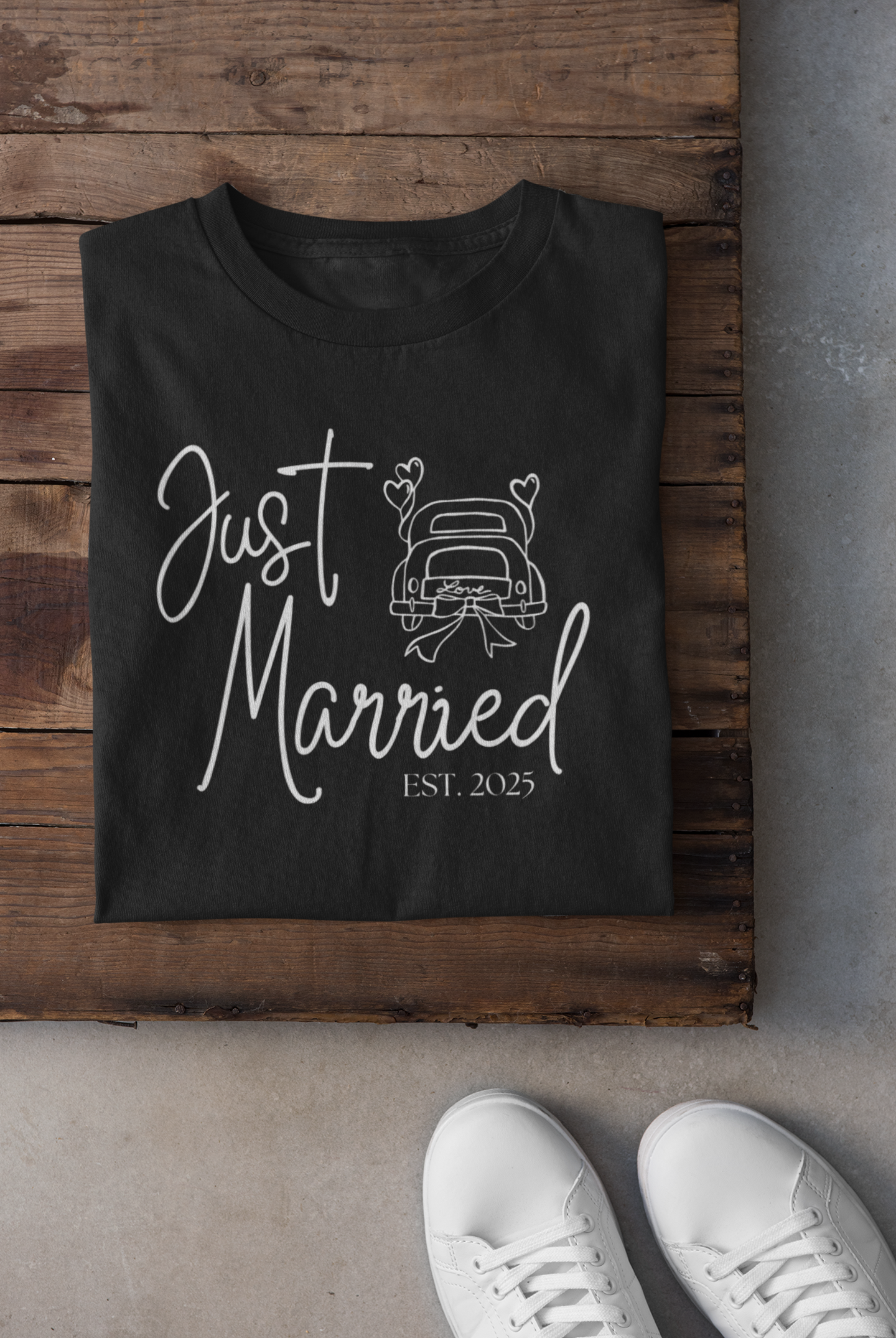 Just Married 2025 With Car White Text T-shirt
