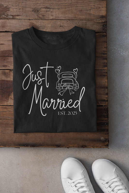 Just Married 2025 With Car White Text T-shirt