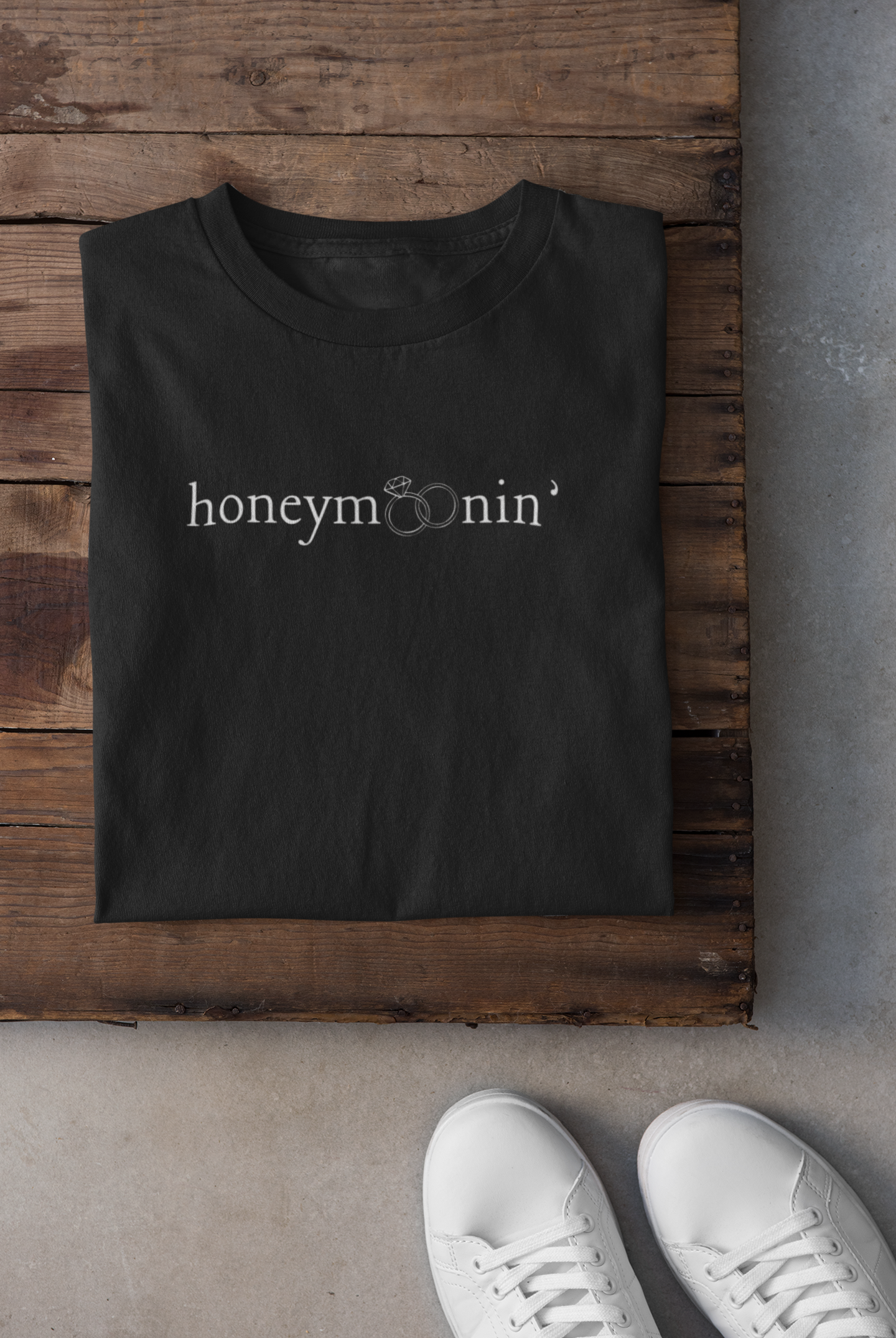 Honeymoonin' Rings White Text T-shirt